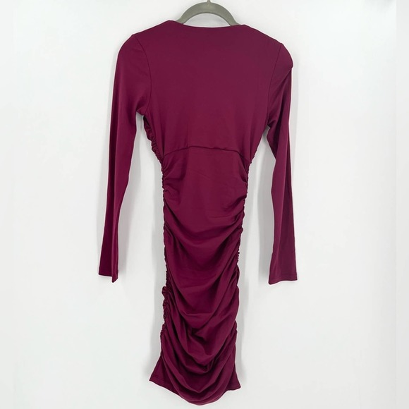 SUSANA MONACO Deep V Ruched Mini Dress Raspberry Red Long Sleeve Fitted Bodycon - Picture 6 of 9